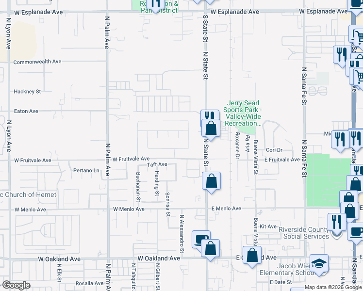 map of restaurants, bars, coffee shops, grocery stores, and more near 308 Bristolwood Road in Hemet
