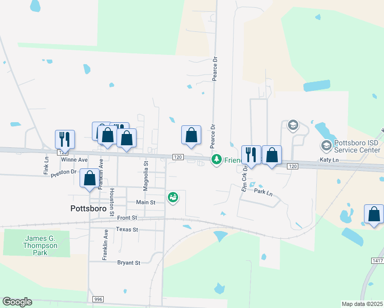 map of restaurants, bars, coffee shops, grocery stores, and more near 500 East 120 in Pottsboro