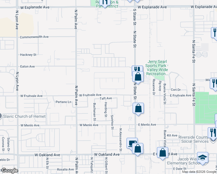 map of restaurants, bars, coffee shops, grocery stores, and more near 468 Bristolwood Road in Hemet
