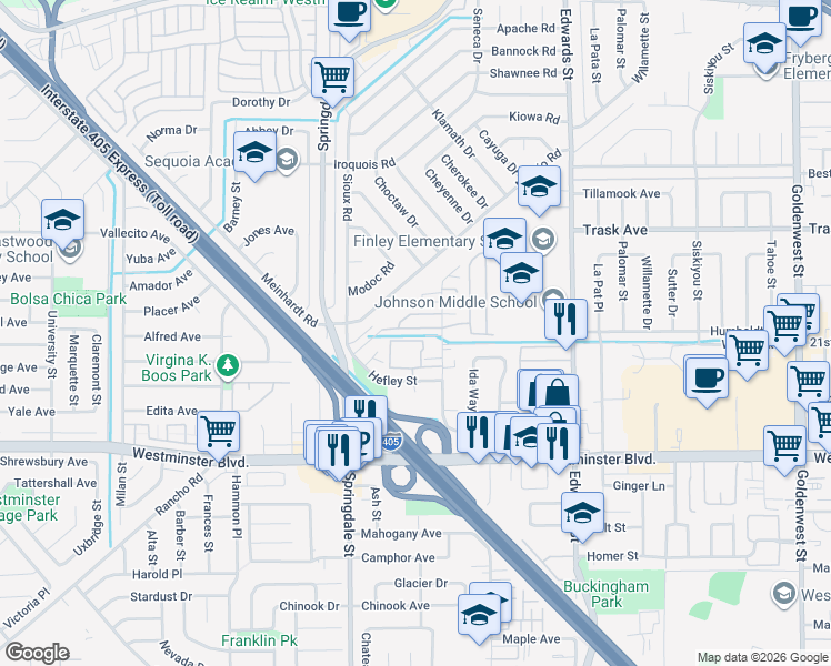 map of restaurants, bars, coffee shops, grocery stores, and more near 6164 Westbridge Avenue in Westminster