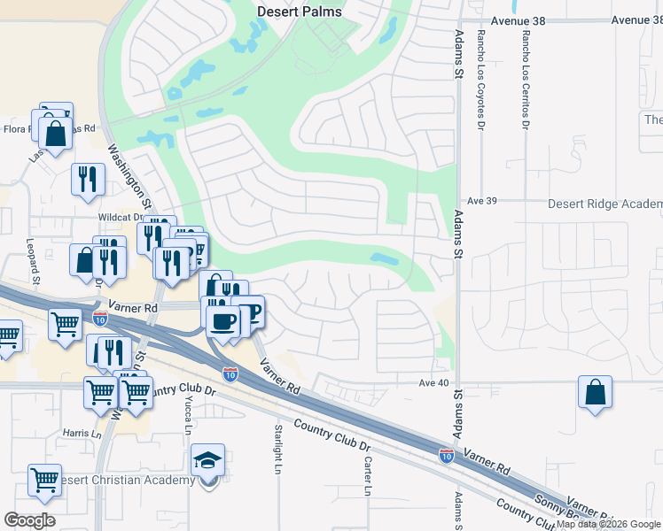 map of restaurants, bars, coffee shops, grocery stores, and more near 39264 Mirage Circle in Palm Desert