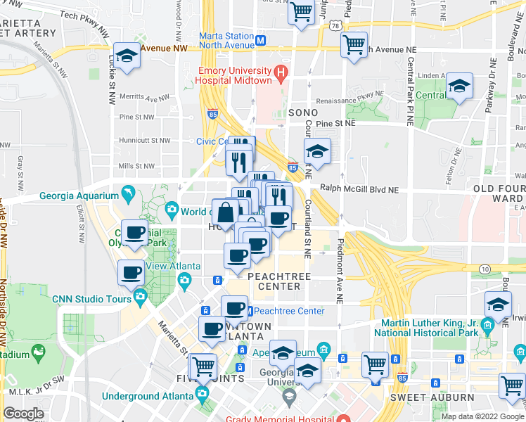 map of restaurants, bars, coffee shops, grocery stores, and more near 860 West Peachtree Street Northwest in Atlanta