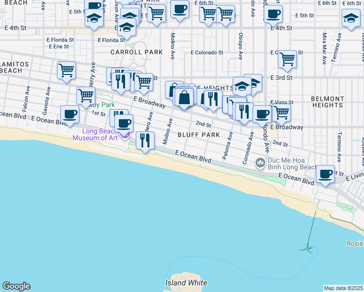 map of restaurants, bars, coffee shops, grocery stores, and more near 11 Temple Avenue in Long Beach