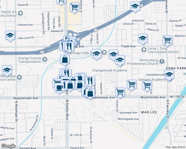 map of restaurants, bars, coffee shops, grocery stores, and more near 13781 Laurel Street in Santa Ana