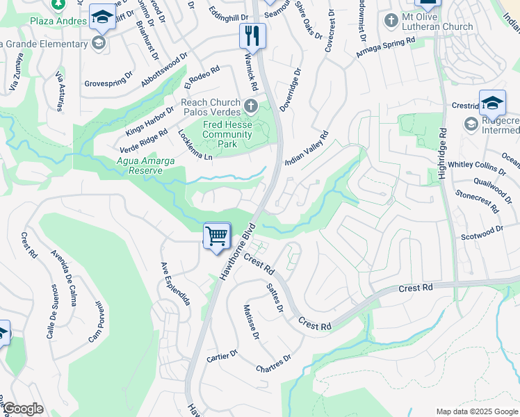 map of restaurants, bars, coffee shops, grocery stores, and more near Hawthorne Boulevard & Ocean Crest Drive in Rancho Palos Verdes