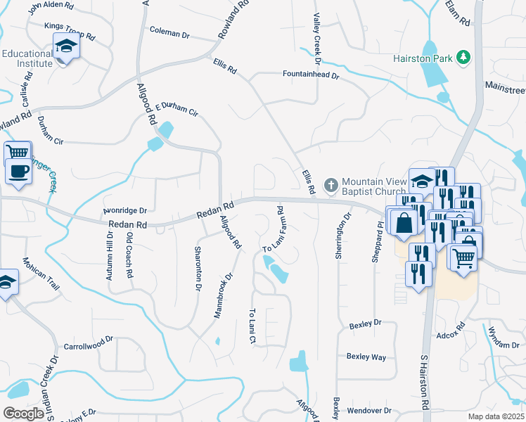 map of restaurants, bars, coffee shops, grocery stores, and more near 1074 Cherokee Heights in Stone Mountain