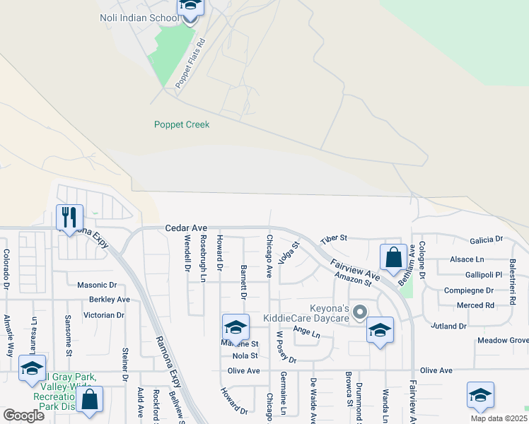 map of restaurants, bars, coffee shops, grocery stores, and more near 43498 Cedar Avenue in Hemet