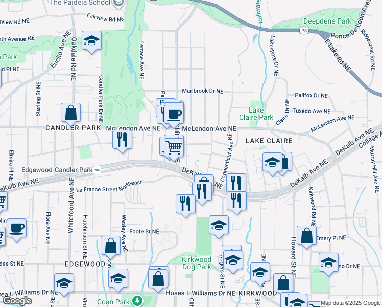 map of restaurants, bars, coffee shops, grocery stores, and more near 1709 Adolphus Street Northeast in Atlanta