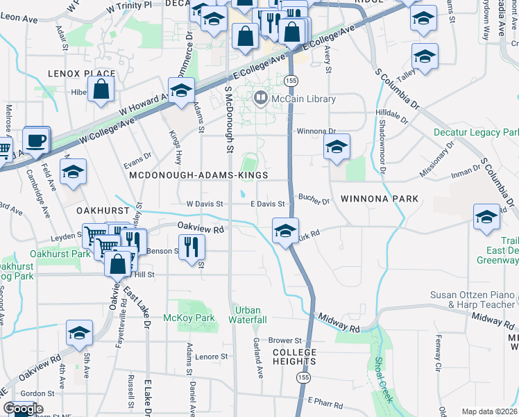 map of restaurants, bars, coffee shops, grocery stores, and more near 214 East Davis Street in Decatur
