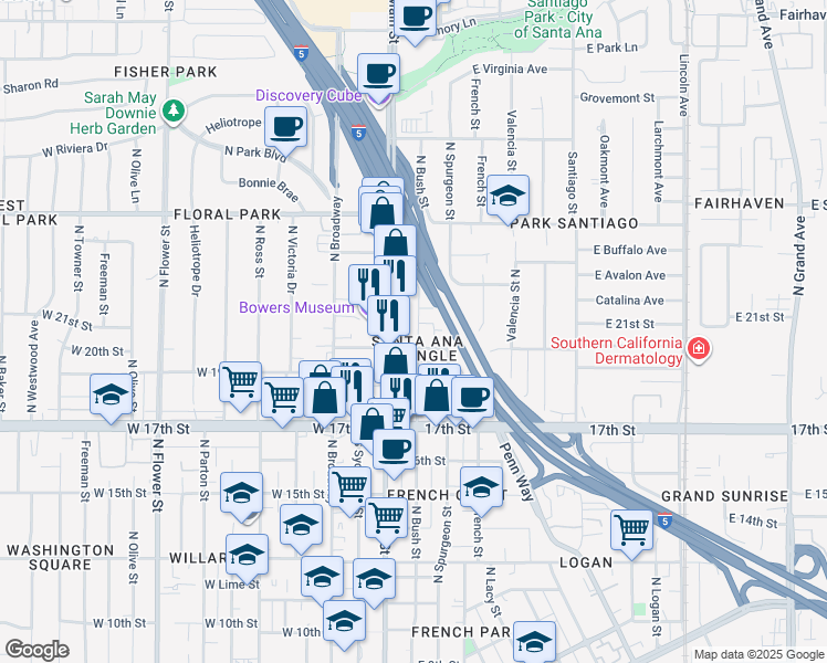 map of restaurants, bars, coffee shops, grocery stores, and more near 2012 North Bush Street in Santa Ana
