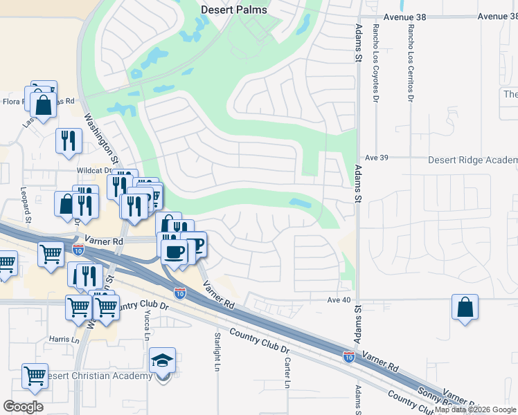 map of restaurants, bars, coffee shops, grocery stores, and more near 39264 Mirage Circle in Palm Desert