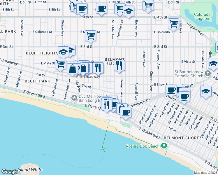 map of restaurants, bars, coffee shops, grocery stores, and more near 210 Grand Avenue in Long Beach