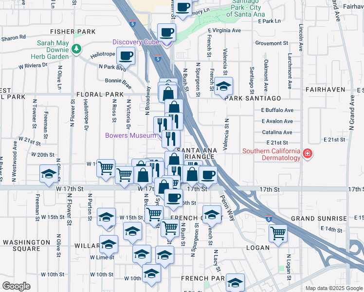 map of restaurants, bars, coffee shops, grocery stores, and more near 2025 North Main Street in Santa Ana