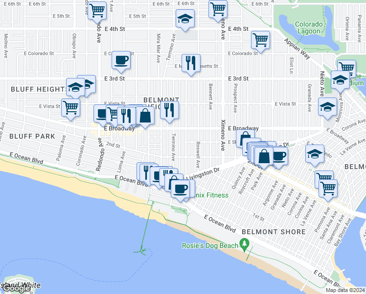 map of restaurants, bars, coffee shops, grocery stores, and more near 4107 East Shaw Street in Long Beach
