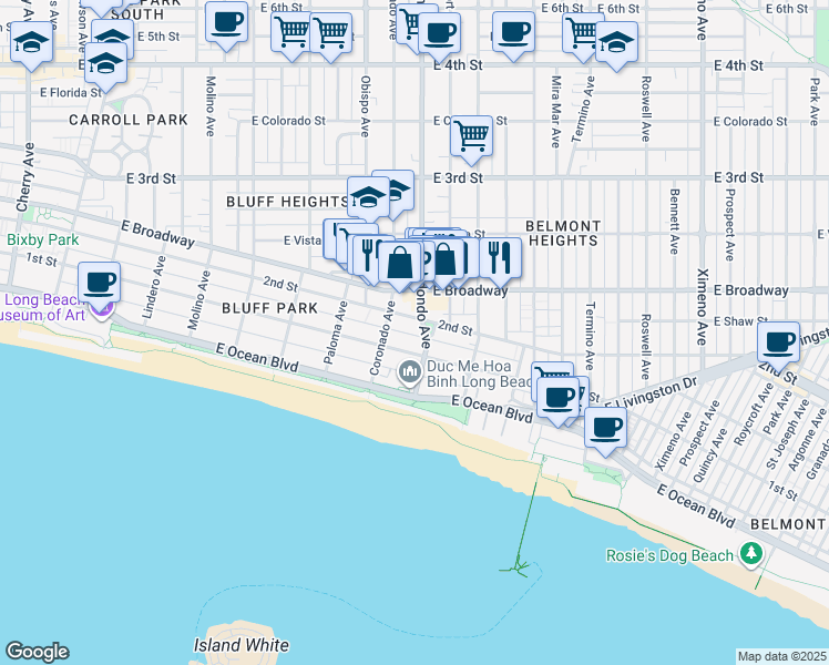 map of restaurants, bars, coffee shops, grocery stores, and more near 3409 2nd Street in Long Beach