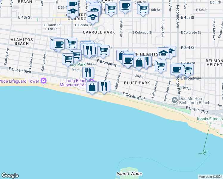 map of restaurants, bars, coffee shops, grocery stores, and more near in Long Beach