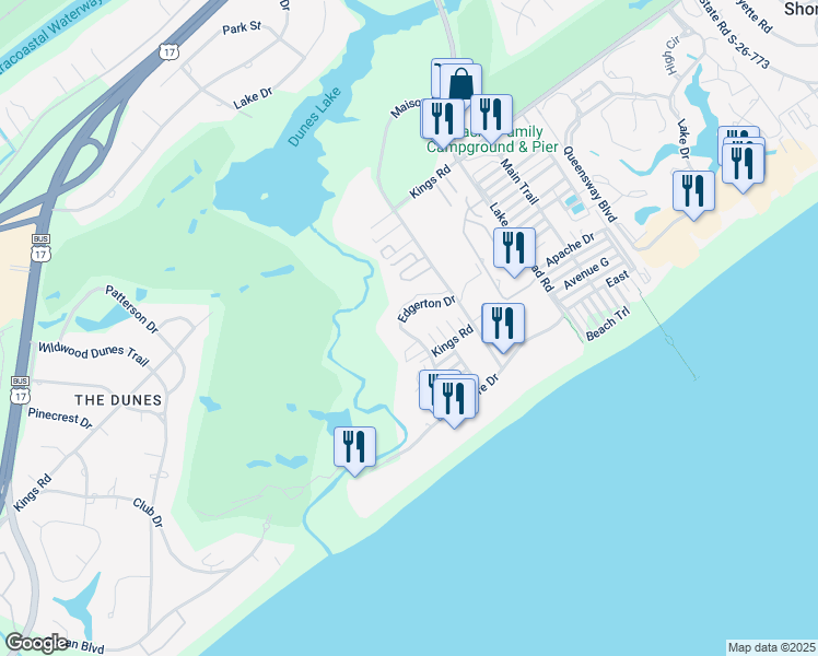 map of restaurants, bars, coffee shops, grocery stores, and more near 223 Maison Drive in Myrtle Beach