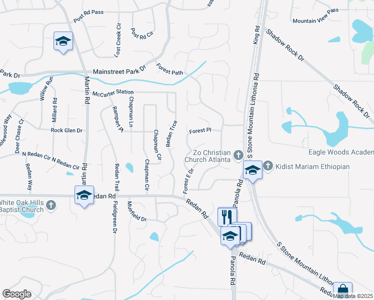 map of restaurants, bars, coffee shops, grocery stores, and more near 5340 Forest Place in Stone Mountain