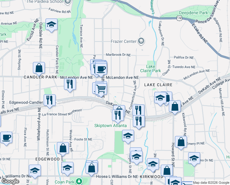 map of restaurants, bars, coffee shops, grocery stores, and more near 1709 Adolphus Street Northeast in Atlanta