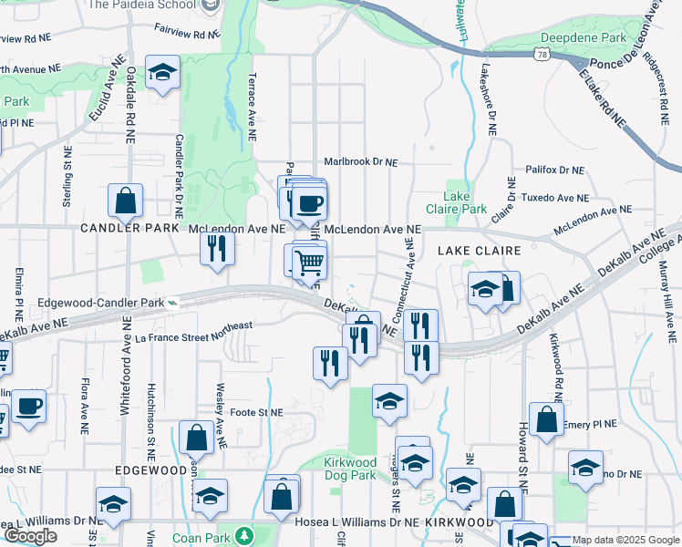 map of restaurants, bars, coffee shops, grocery stores, and more near 1709 Adolphus Street Northeast in Atlanta
