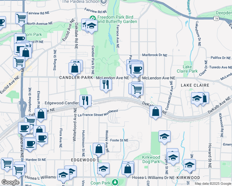 map of restaurants, bars, coffee shops, grocery stores, and more near 346 Sheppard Place Northeast in Atlanta
