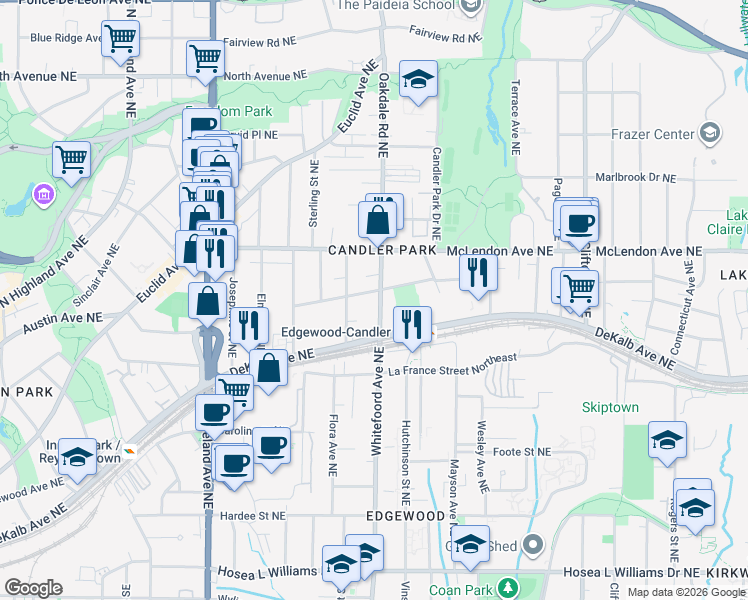 map of restaurants, bars, coffee shops, grocery stores, and more near 340 Oakdale Road Northeast in Atlanta