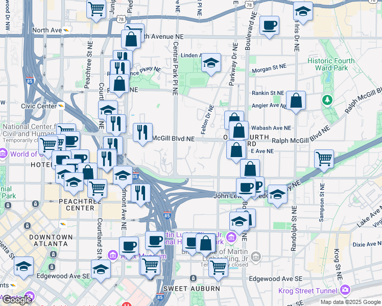 map of restaurants, bars, coffee shops, grocery stores, and more near 405 McGill Park Avenue Northeast in Atlanta