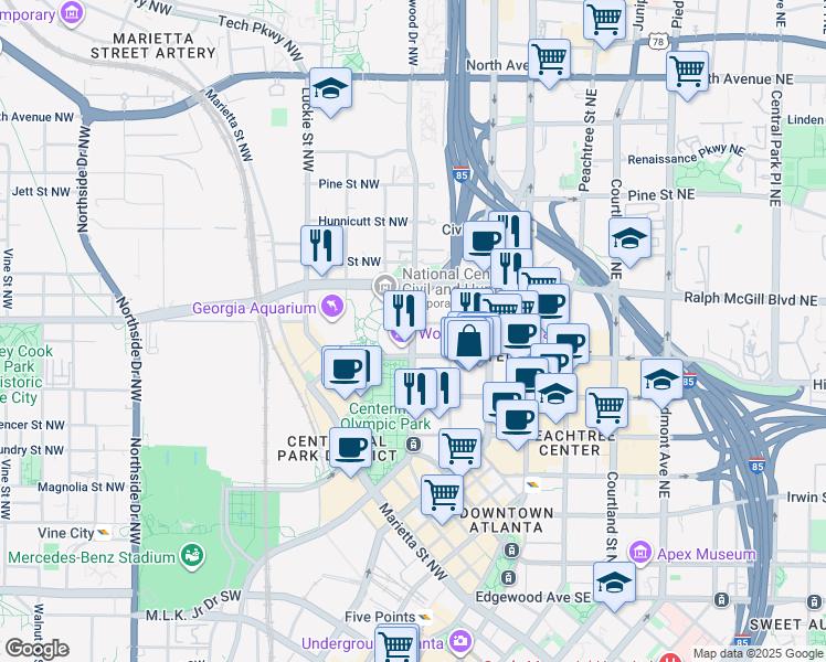 map of restaurants, bars, coffee shops, grocery stores, and more near 325 Centennial Olympic Park Drive Northwest in Atlanta
