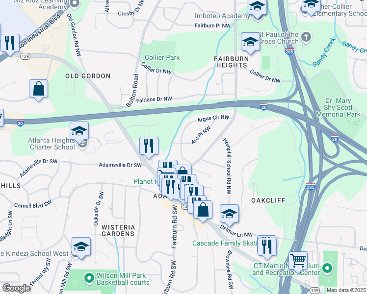 map of restaurants, bars, coffee shops, grocery stores, and more near 285 Argus Circle Northwest in Atlanta