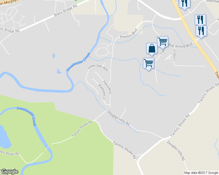 map of restaurants, bars, coffee shops, grocery stores, and more near 7746 Parkside Drive in Lithia Springs
