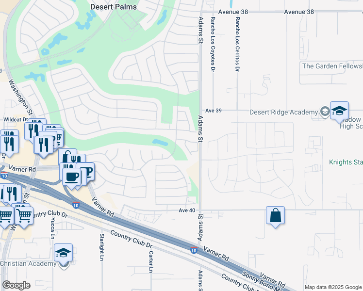 map of restaurants, bars, coffee shops, grocery stores, and more near 39297 Peach Blossom Circle in Palm Desert