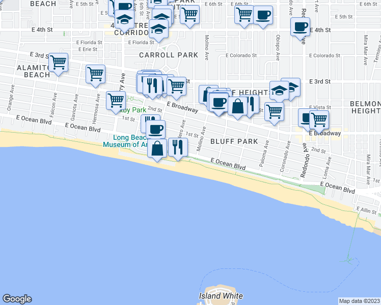 map of restaurants, bars, coffee shops, grocery stores, and more near in Long Beach