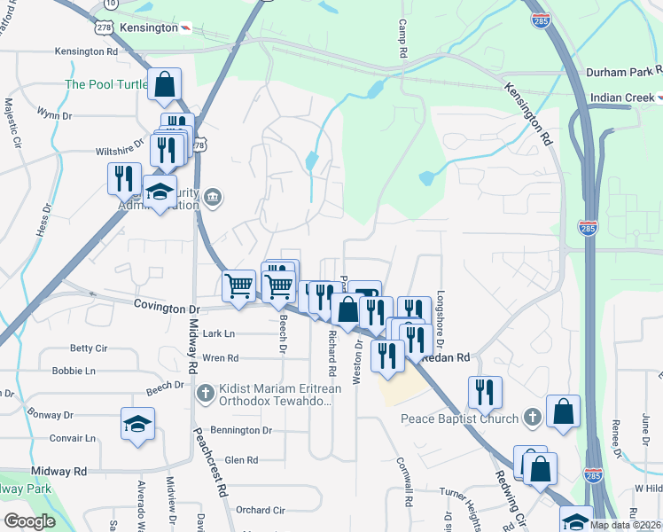 map of restaurants, bars, coffee shops, grocery stores, and more near 3557 Dove Valley Way in Decatur