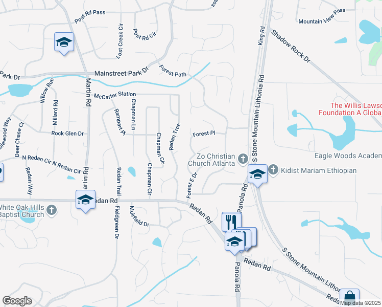 map of restaurants, bars, coffee shops, grocery stores, and more near 5340 Forest Place in Stone Mountain