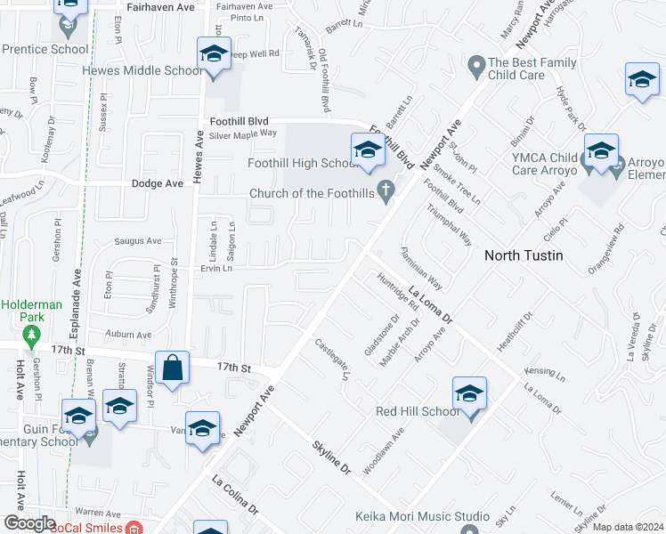 map of restaurants, bars, coffee shops, grocery stores, and more near 19122 Ervin Lane in Santa Ana