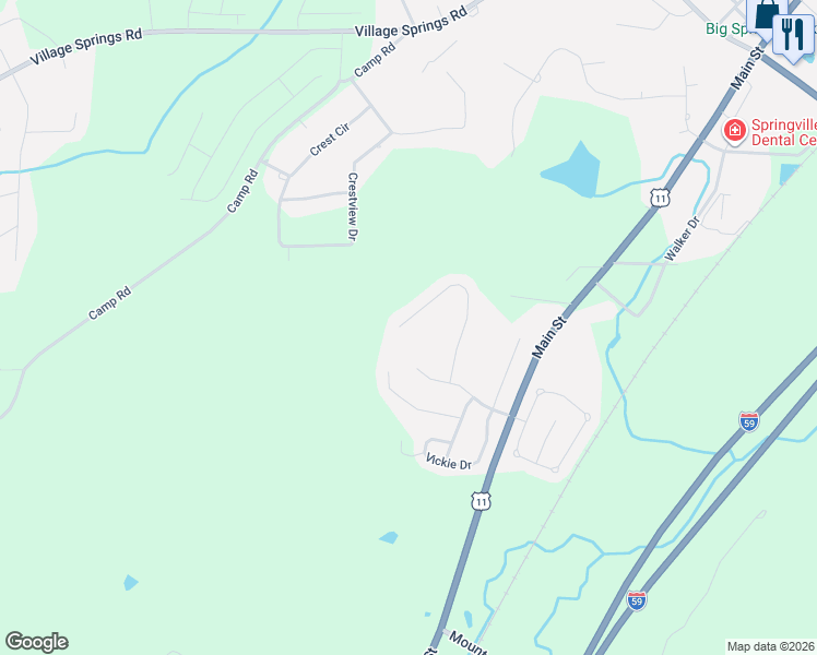 map of restaurants, bars, coffee shops, grocery stores, and more near 352 Pats Way in Springville