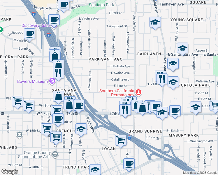 map of restaurants, bars, coffee shops, grocery stores, and more near 709 East 21st Street in Santa Ana
