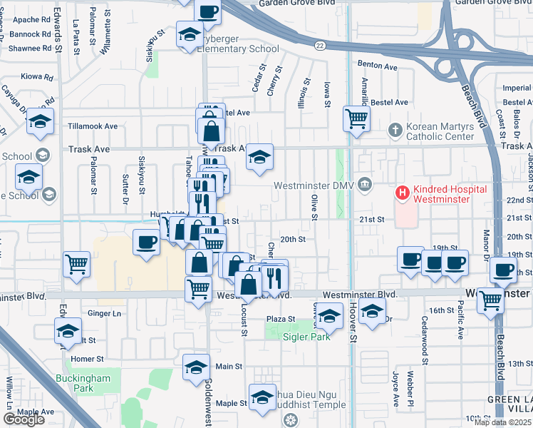 map of restaurants, bars, coffee shops, grocery stores, and more near 7181 21st Street in Westminster