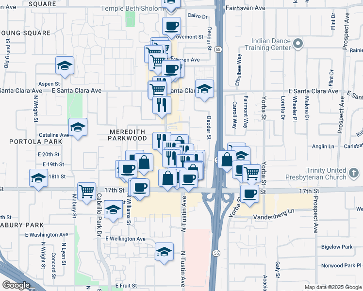 map of restaurants, bars, coffee shops, grocery stores, and more near 2002 North Ponderosa Street in Santa Ana