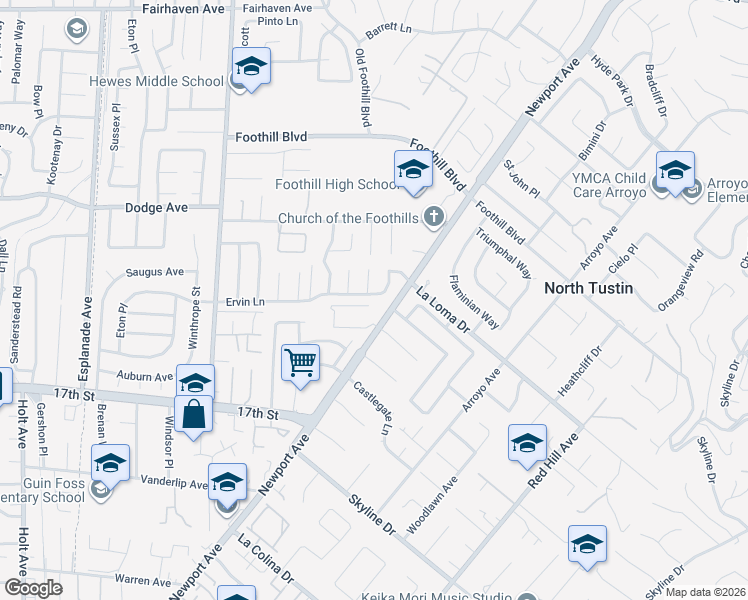 map of restaurants, bars, coffee shops, grocery stores, and more near 19122 Ervin Lane in Santa Ana