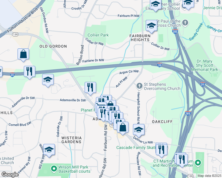 map of restaurants, bars, coffee shops, grocery stores, and more near 285 Argus Circle Northwest in Atlanta