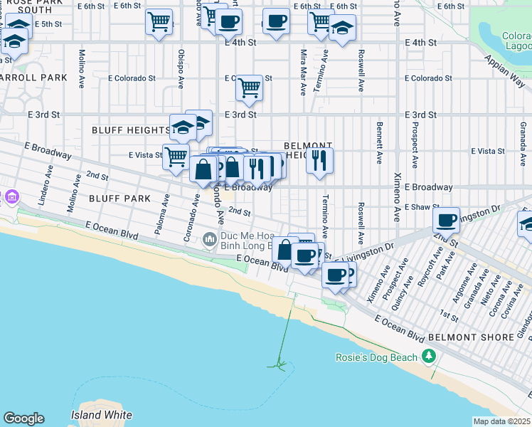 map of restaurants, bars, coffee shops, grocery stores, and more near 3631 East 2nd Street in Long Beach