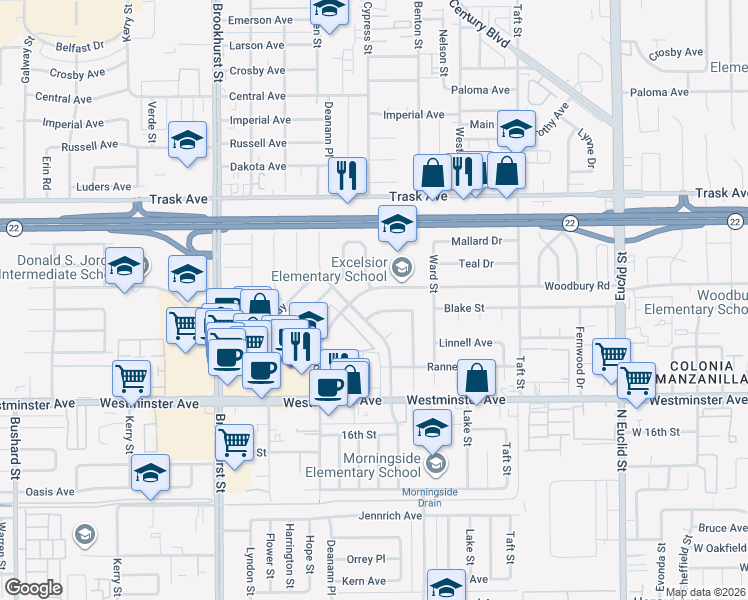 map of restaurants, bars, coffee shops, grocery stores, and more near in Garden Grove