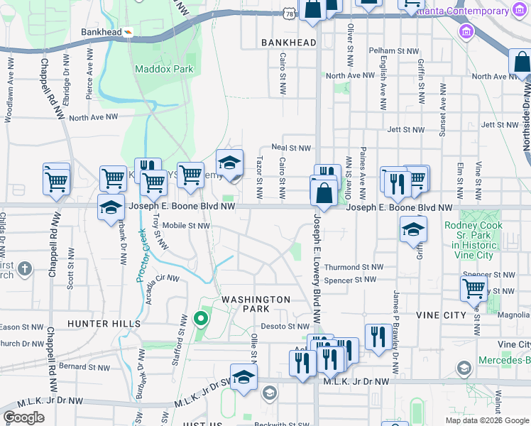 map of restaurants, bars, coffee shops, grocery stores, and more near in Atlanta