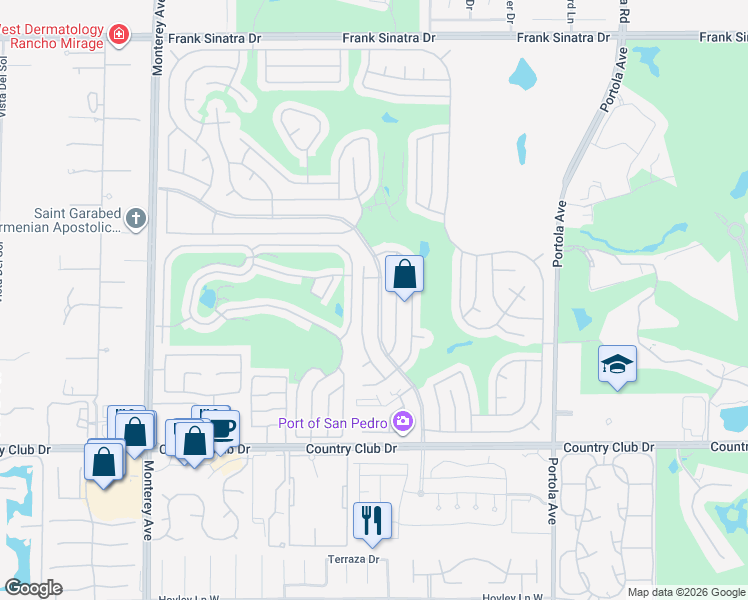 map of restaurants, bars, coffee shops, grocery stores, and more near 39243 Ciega Creek Drive in Palm Desert