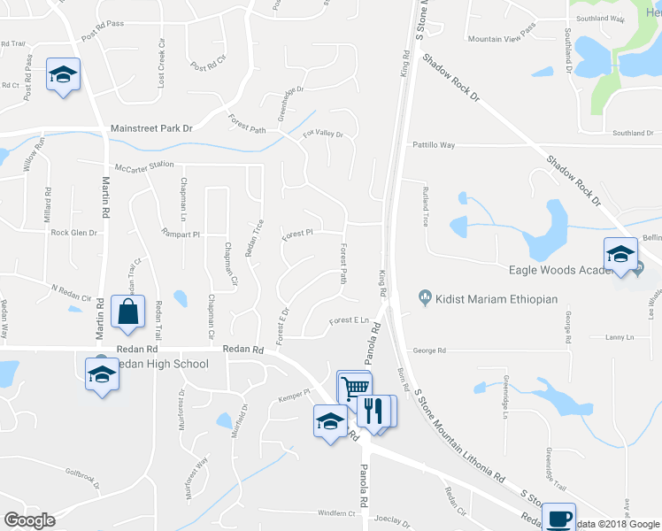 map of restaurants, bars, coffee shops, grocery stores, and more near 1040 Forest East Drive in Stone Mountain