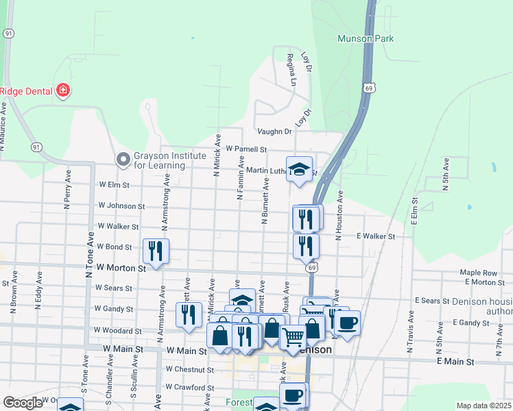 map of restaurants, bars, coffee shops, grocery stores, and more near 404 West Elm Street in Denison