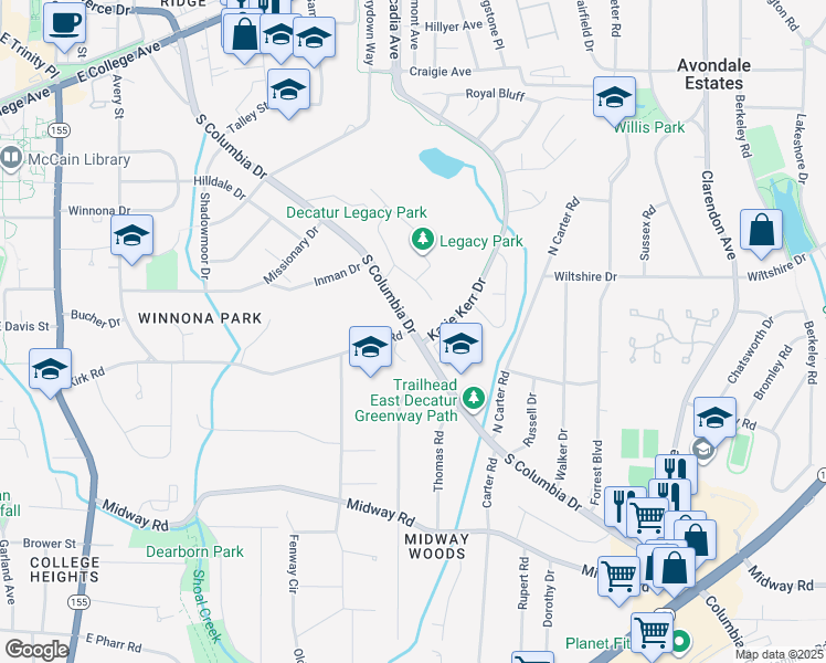 map of restaurants, bars, coffee shops, grocery stores, and more near 714 South Columbia Drive in Decatur