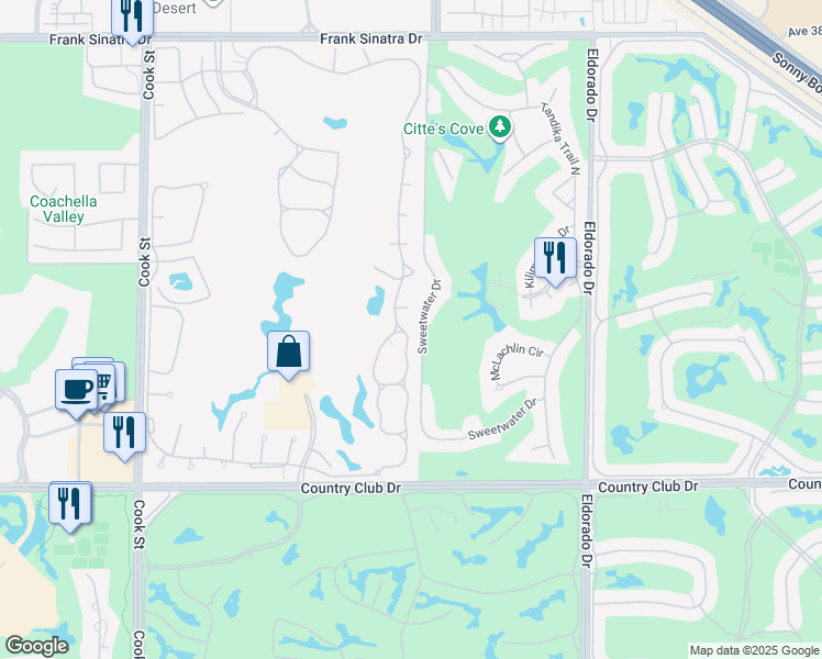 map of restaurants, bars, coffee shops, grocery stores, and more near 210 Desert Falls Drive East in Palm Desert