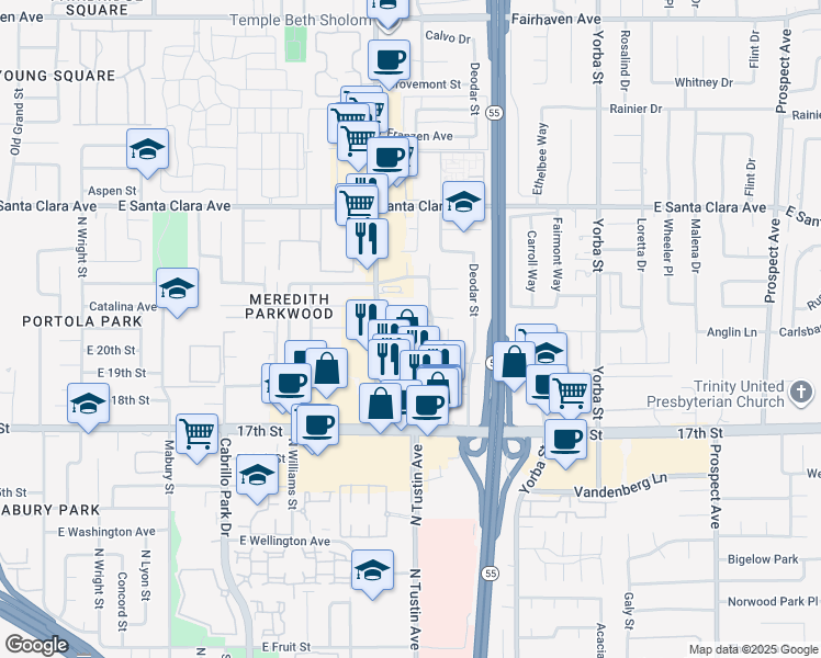 map of restaurants, bars, coffee shops, grocery stores, and more near 2221 East Lenita Lane in Santa Ana
